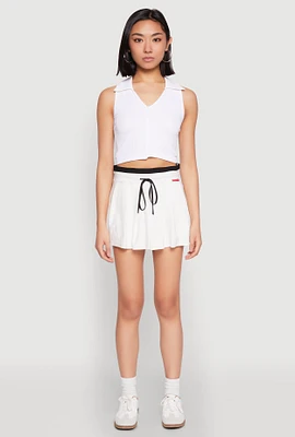 Womens Contrast Waistband Drawstring Pleated Skirt, White, Size XL