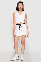 Womens Contrast Waistband Drawstring Pleated Skirt, White, Size M