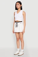 Womens Contrast Waistband Drawstring Pleated Skirt, White, Size XL