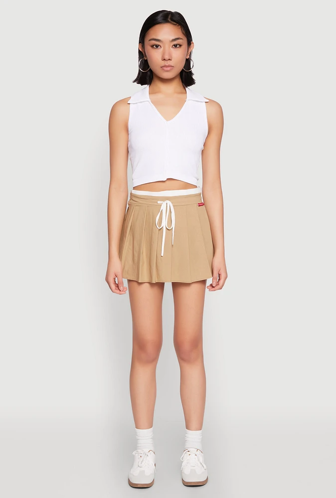 Womens Contrast Waistband Drawstring Pleated Skirt, Khaki, Size M