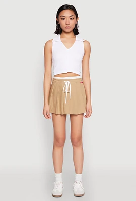 Womens Contrast Waistband Drawstring Pleated Skirt, Khaki, Size M