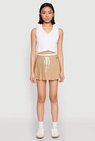 Womens Contrast Waistband Drawstring Pleated Skirt, Khaki, Size M