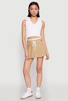 Womens Contrast Waistband Drawstring Pleated Skirt, Khaki, Size L
