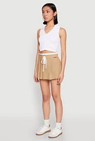 Womens Contrast Waistband Drawstring Pleated Skirt, Khaki, Size M
