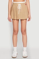 Womens Contrast Waistband Drawstring Pleated Skirt, Khaki, Size M