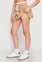 Womens Contrast Waistband Drawstring Pleated Skirt, Khaki, Size L