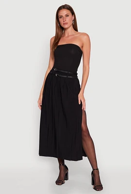 Womens Double Belted Side Slit Pleated Skirt, Black,