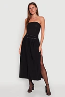 Womens Double Belted Side Slit Pleated Skirt, Black,