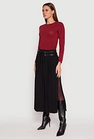 Womens Double Belted Side Slit Pleated Skirt, Black, Size S