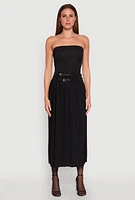 Womens Double Belted Side Slit Pleated Skirt, Black,