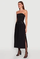 Womens Double Belted Side Slit Pleated Skirt, Black,