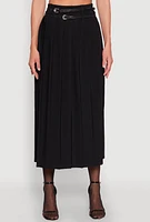 Womens Double Belted Side Slit Pleated Skirt, Black,