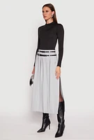 Womens Double Belted Side Slit Pleated Skirt, Grey, Size M