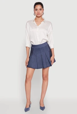 Womens Chambray High Waisted Pleated Skirt, Blue, Size L