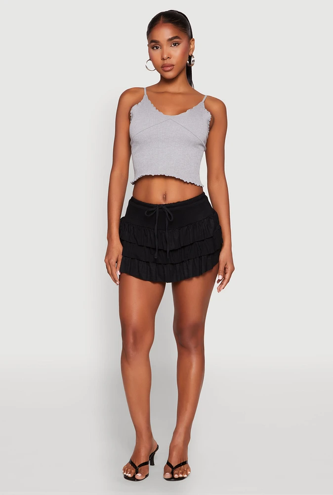 Womens Drawstring Mini Tiered Skort, Black,