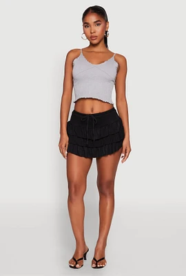 Womens Drawstring Mini Tiered Skort, Black,