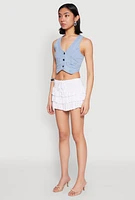Womens Drawstring Mini Tiered Skort, White, Size L