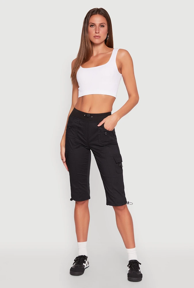 Womens Toggle Drawstring Cargo Capris, Black, Size S