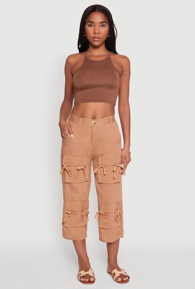 Womens Bow Cargo Pocket Capri Pants, Khaki, Size L