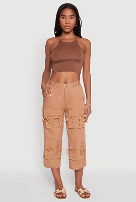 Womens Bow Cargo Pocket Capri Pants, Khaki, Size L