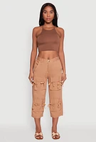 Womens Bow Cargo Pocket Capri Pants, Khaki, Size L