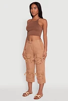 Womens Bow Cargo Pocket Capri Pants, Khaki, Size L