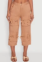 Womens Bow Cargo Pocket Capri Pants, Khaki, Size M