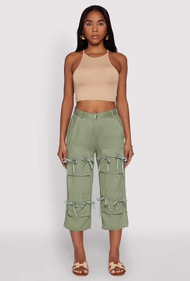 Womens Tie Front Cargo Pocket Capri Pants, Green,