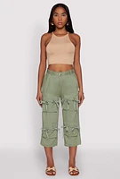 Womens Tie Front Cargo Pocket Capri Pants, Green,