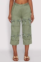 Womens Tie Front Cargo Pocket Capri Pants, Green,