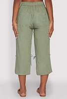 Womens Tie Front Cargo Pocket Capri Pants, Green,