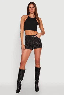 Womens Daisy Rhinestone Studded Denim Shorts, Black, Size S
