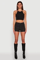 Womens Daisy Rhinestone Studded Denim Shorts, Black, Size S