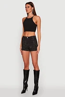 Womens Daisy Rhinestone Studded Denim Shorts, Black, Size S