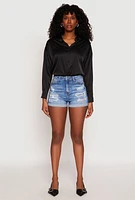 Womens WAX Distressed Denim Mom Shorts, Blue,