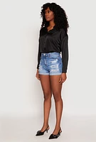 Womens WAX Distressed Denim Mom Shorts, Blue,