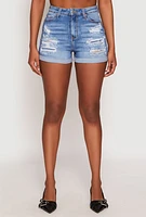 Womens WAX Distressed Denim Mom Shorts, Blue,