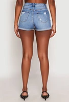 Womens WAX Distressed Denim Mom Shorts, Blue,