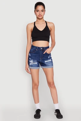 Womens WAX Distressed Denim Mom Shorts, Blue, Size M