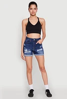 Womens WAX Distressed Denim Mom Shorts, Blue, Size M