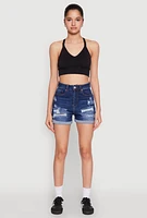 Womens WAX Distressed Denim Mom Shorts, Blue, Size M