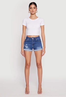 Womens WAX Distressed Repreve Denim Shorts, Blue, Size M