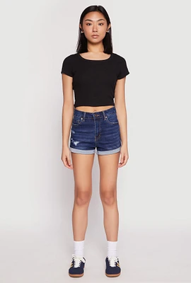 Womens WAX Distressed Repreve Denim Shorts, Blue, Size L