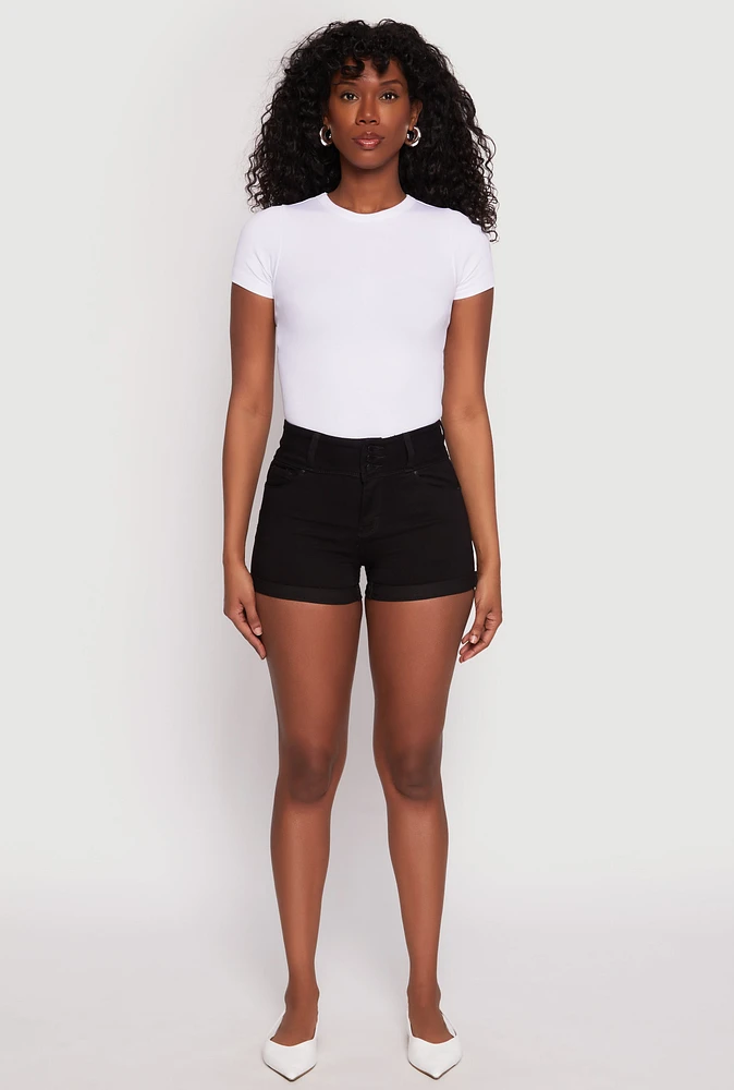 Womens WAX 3 Button High Waisted Denim Shorts, Black, Size S