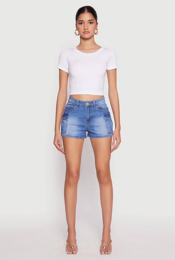 Womens WAX Cargo Pocket Denim Shorts, Blue, Size L