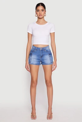 Womens WAX Cargo Pocket Denim Shorts, Blue, Size L
