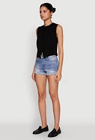 Womens WAX Whiskered Fixed Cuff Denim Shorts, Blue, Size L