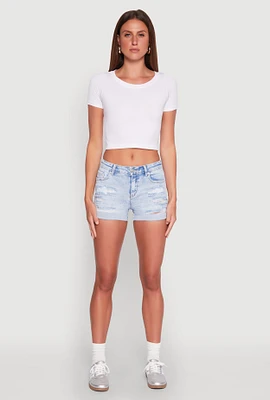 Womens WAX Distressed Fixed Cuff Denim Shorts, Blue,