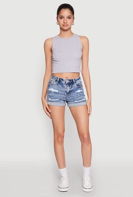 Womens WAX Distressed Fixed Cuff Denim Shorts, Blue,