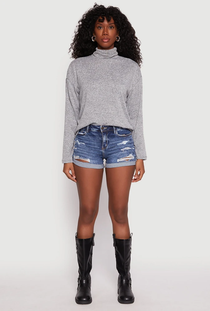 Womens WAX Distressed Fixed Cuff Denim Shorts, Blue, Size L
